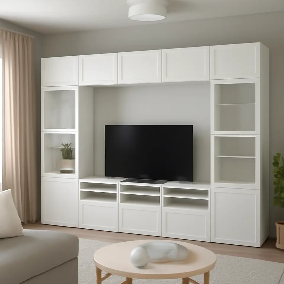 Møbelmontering BESTÅ Tv-møbel med vitrinelåger, hvid Smeviken/Ostvik hvidt klart glas, 300x42x231 cm | Fast Pris i Storkøbenhavn