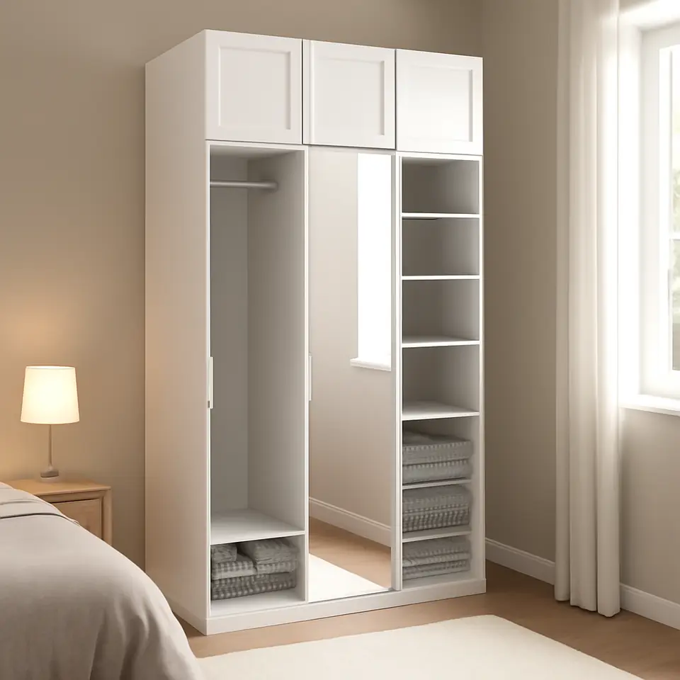 Møbelmontering PLATSA Garderobe med 6 døre, hvid STRAUMEN spejlglas/SANNIDAL hvid, 140x57x221 cm | Samling af Møbler i Rødovre & Kbh