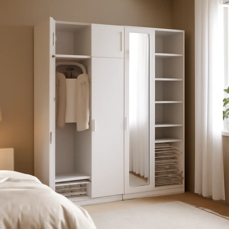 Møbelmontering PLATSA Garderobe med 6 døre, hvid STRAUMEN spejlglas/SANNIDAL hvid, 140x57x221 cm | Professionel Møbelmontør