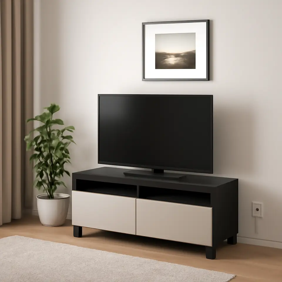 Møbelmontering BESTÅ Tv-bord med skuffer, sortbrun/Lappviken/Stubbarp lysegrå/beige, 120x42x48 cm | Fast Pris i Storkøbenhavn