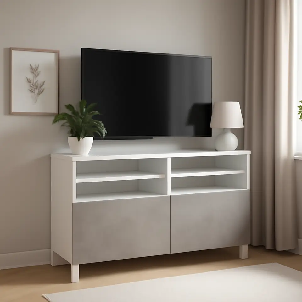 Møbelmontering BESTÅ Tv-bord med låger, hvid/Kallviken/Stubbarp lysegrå, 120x42x74 cm | Billig & Hurtig i København
