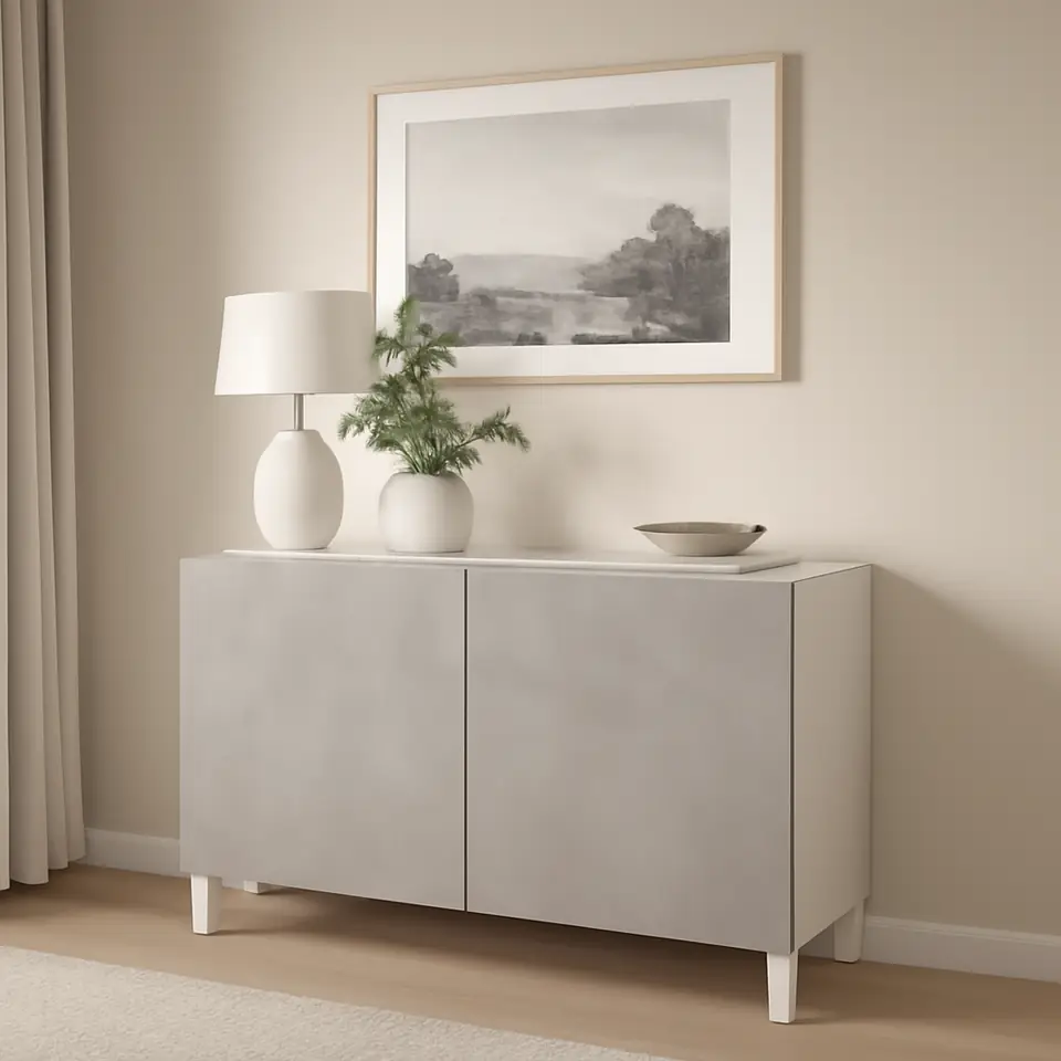 Møbelmontering BESTÅ Opbevaring med låger, hvid Kallviken/lysegrå betonmønstret, 120x42x74 cm | Billig & Hurtig i København