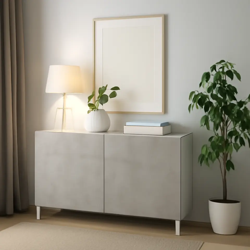 Møbelmontering BESTÅ Opbevaring med låger, hvid Kallviken/lysegrå betonmønstret, 120x42x74 cm | Professionel Møbelmontør