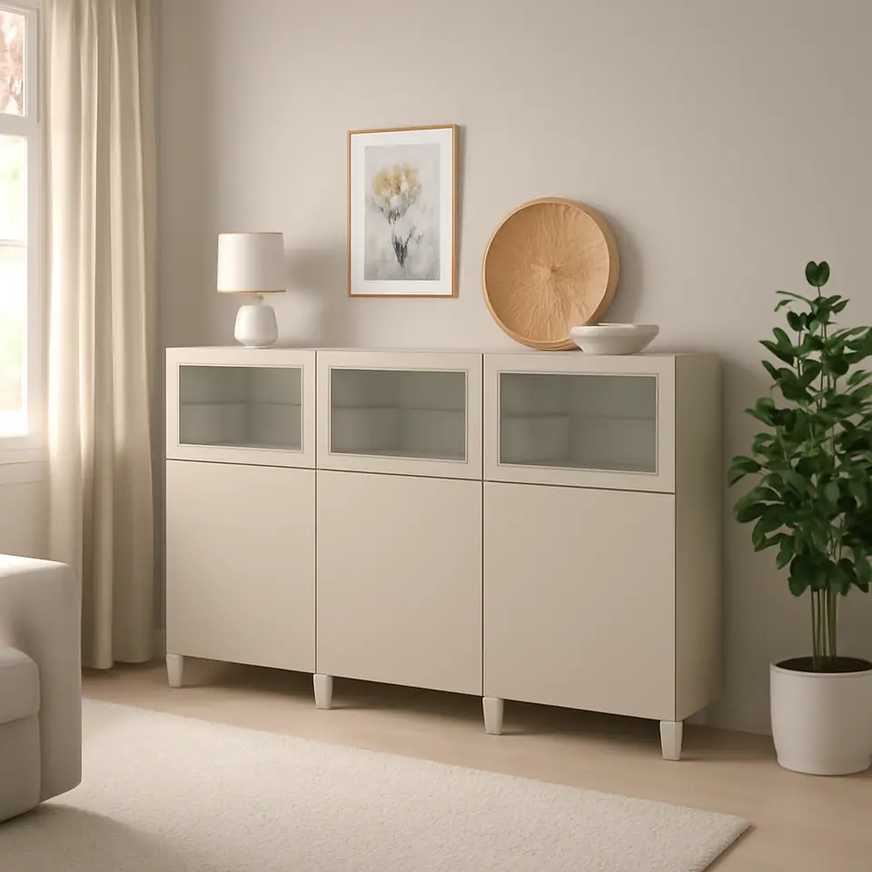 Møbelmontering BESTÅ Opbevaring med låger, hvid Lappviken/lys gråbeige klart glas, 180x42x112 cm | Samling af Møbler i Rødovre & Kbh