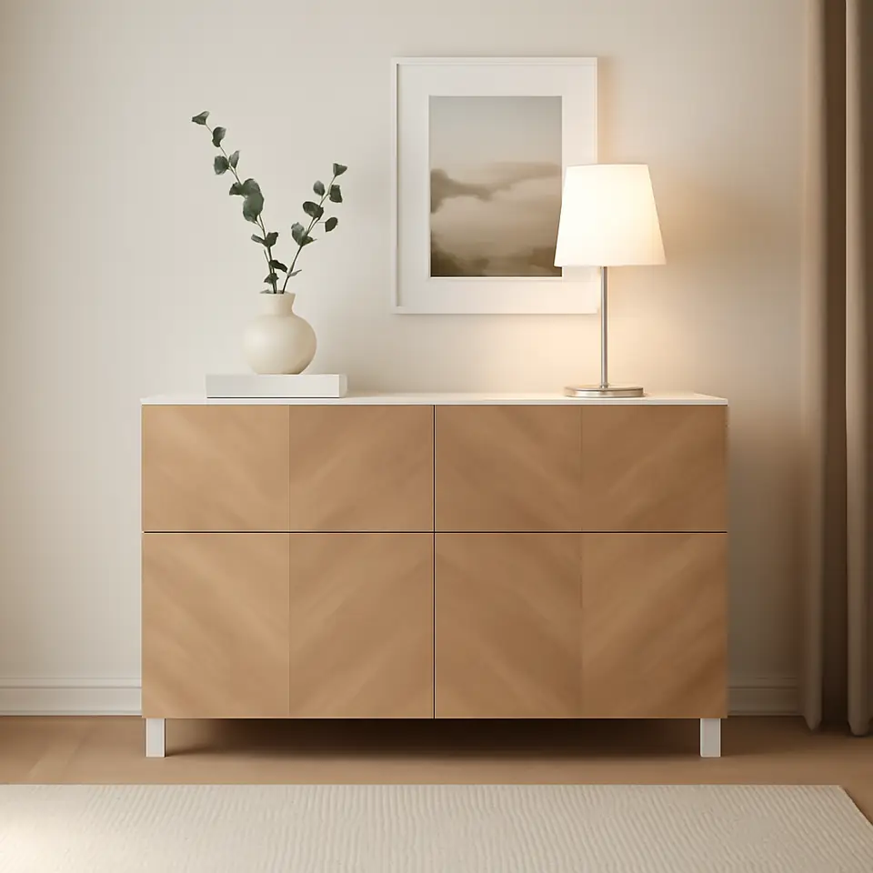 Møbelmontering BESTÅ Opbevaringskom låger/skuffer, hvid/Hedeviken/Stubbarp egetræsfiner, 120x42x74 cm | Professionel Møbelmontør