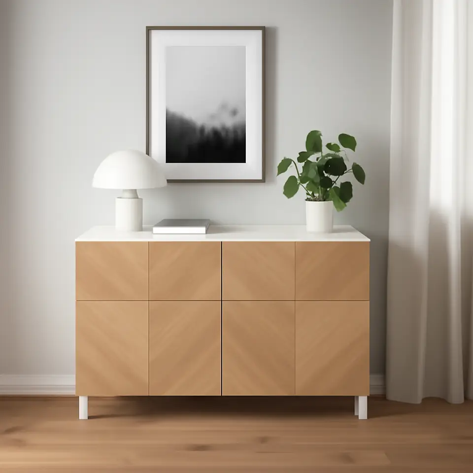 Møbelmontering BESTÅ Opbevaringskom låger/skuffer, hvid/Hedeviken/Stubbarp egetræsfiner, 120x42x74 cm | Fast Pris i Storkøbenhavn