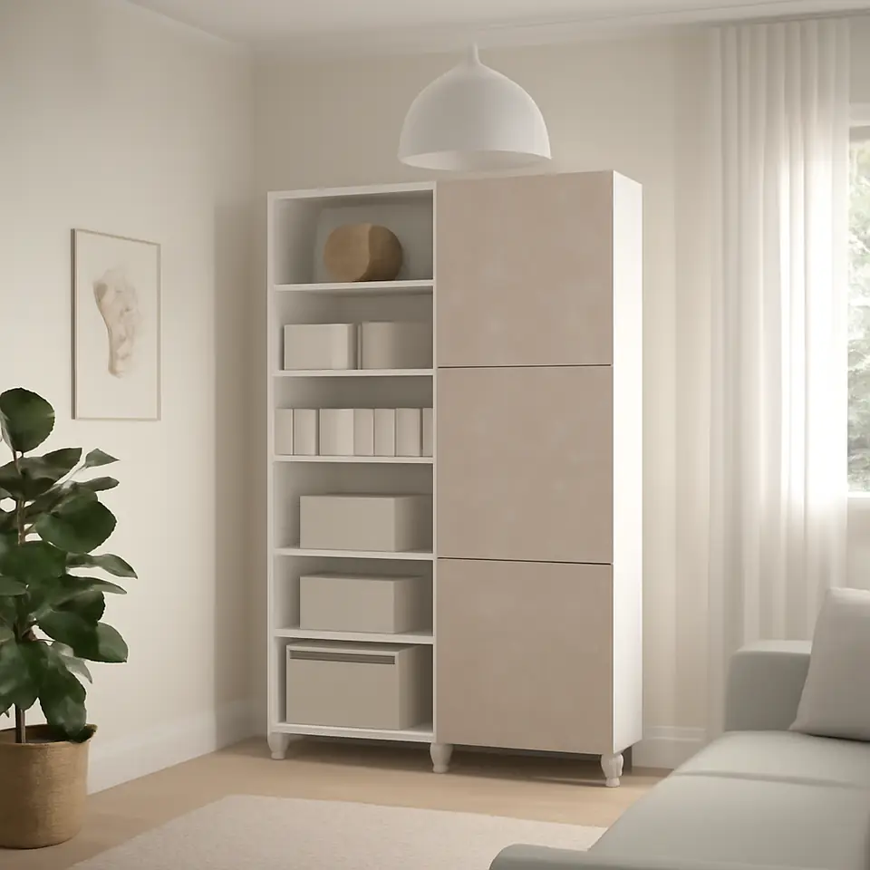 Møbelmontering BESTÅ Opbevaring med låger, hvid Bergsviken/beige marmormønstret, 120x42x202 cm | Samling af Møbler i Rødovre & Kbh