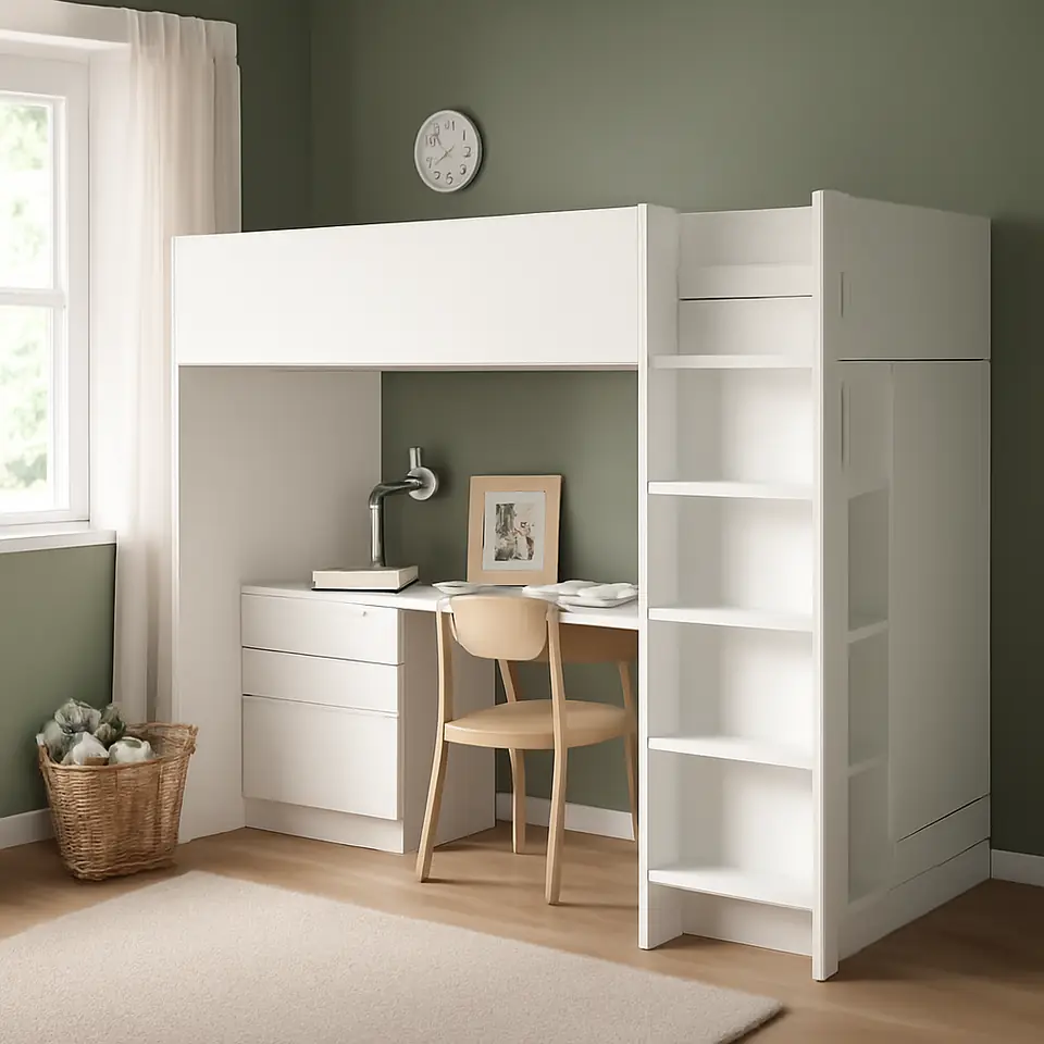 Møbelmontering SMÅSTAD Højseng, hvid hvid/med skrivebord med 4 skuffer, 90×200 cm | Fast Pris i Storkøbenhavn