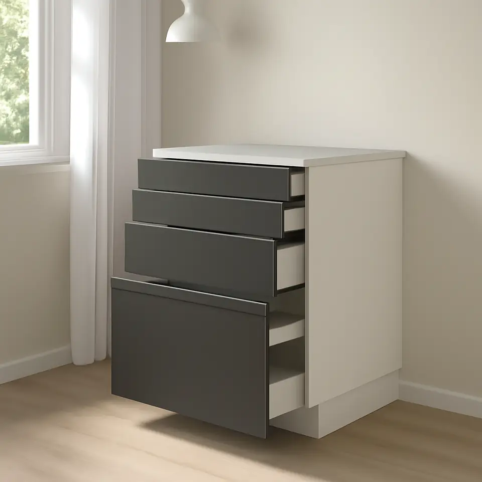 Møbelmontering METOD / MAXIMERA Uskab m udtræk arbejdsplds/3 skuf, hvid/Voxtorp mørkegrå, 60×60 cm | Samling af Møbler i Rødovre & Kbh