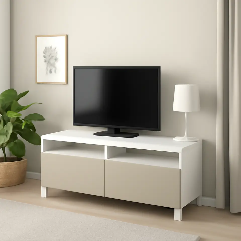 Møbelmontering BESTÅ Tv-bord med skuffer, hvid/Lappviken/Stubbarp lysegrå/beige, 120x42x48 cm | Professionel Møbelmontør