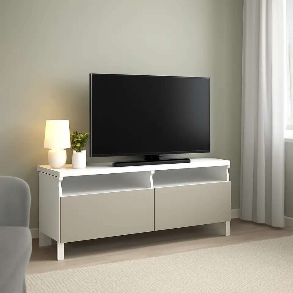 Møbelmontering BESTÅ Tv-bord med skuffer, hvid/Lappviken/Stubbarp lysegrå/beige, 120x42x48 cm | Fast Pris i Storkøbenhavn