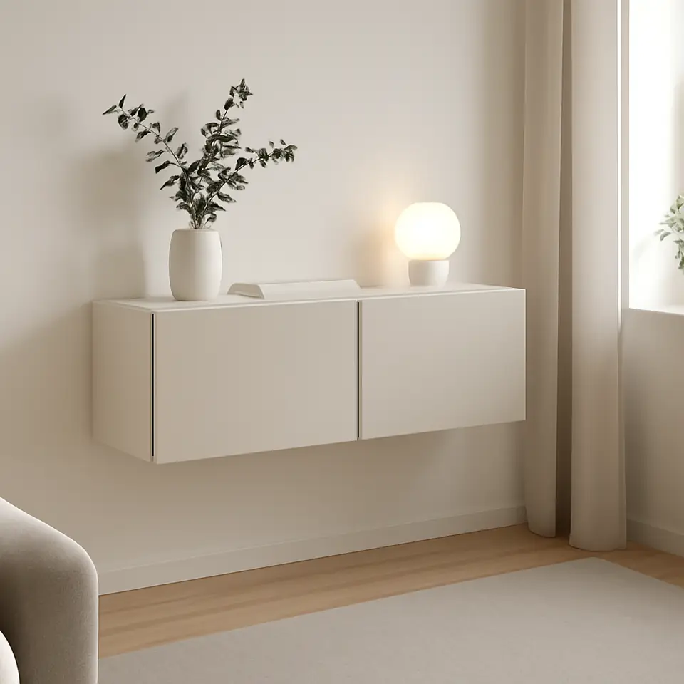 Møbelmontering BESTÅ Vægmonteret skabskombination, hvid/Lappviken lys gråbeige, 120x42x38 cm | Professionel Møbelmontør