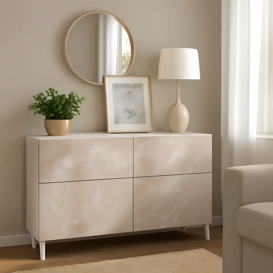 Møbelmontering BESTÅ Opbevaringskom låger/skuffer, hvid Bergsviken/Stubbarp/beige marmormønstret, 120x42x74 cm | Fast Pris i Storkøbenhavn