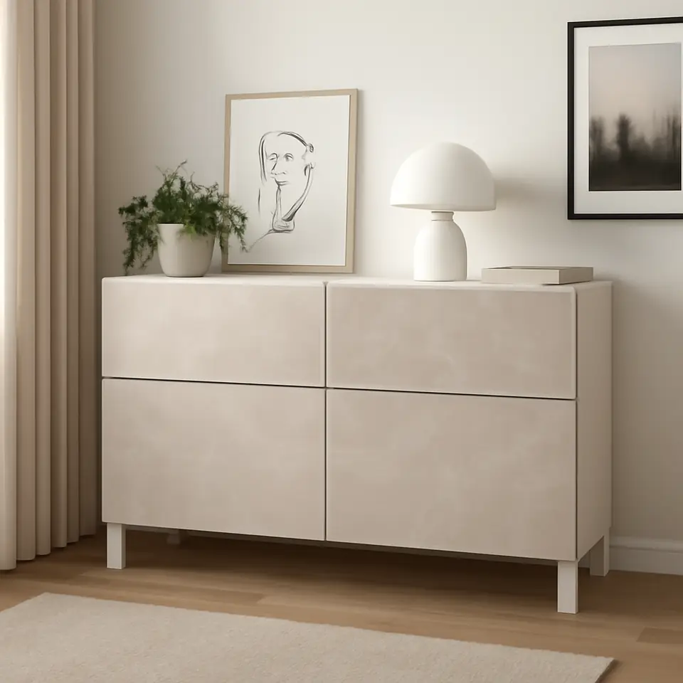 Møbelmontering BESTÅ Opbevaringskom låger/skuffer, hvid Bergsviken/Stubbarp/beige marmormønstret, 120x42x74 cm | Billig & Hurtig i København