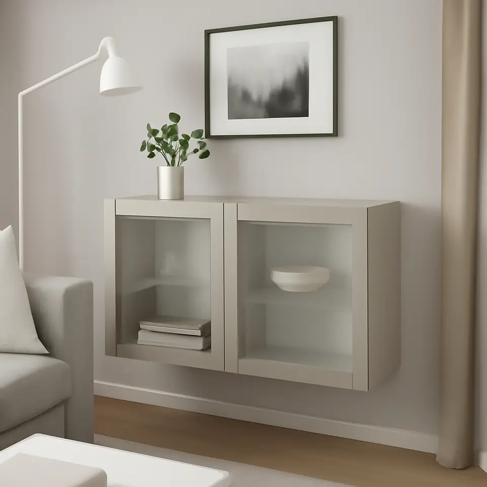 Møbelmontering BESTÅ Vægmonteret skabskombination, hvid Sindvik/lysegrå/beige klart glas, 120x42x64 cm | Samling af Møbler i Rødovre & Kbh
