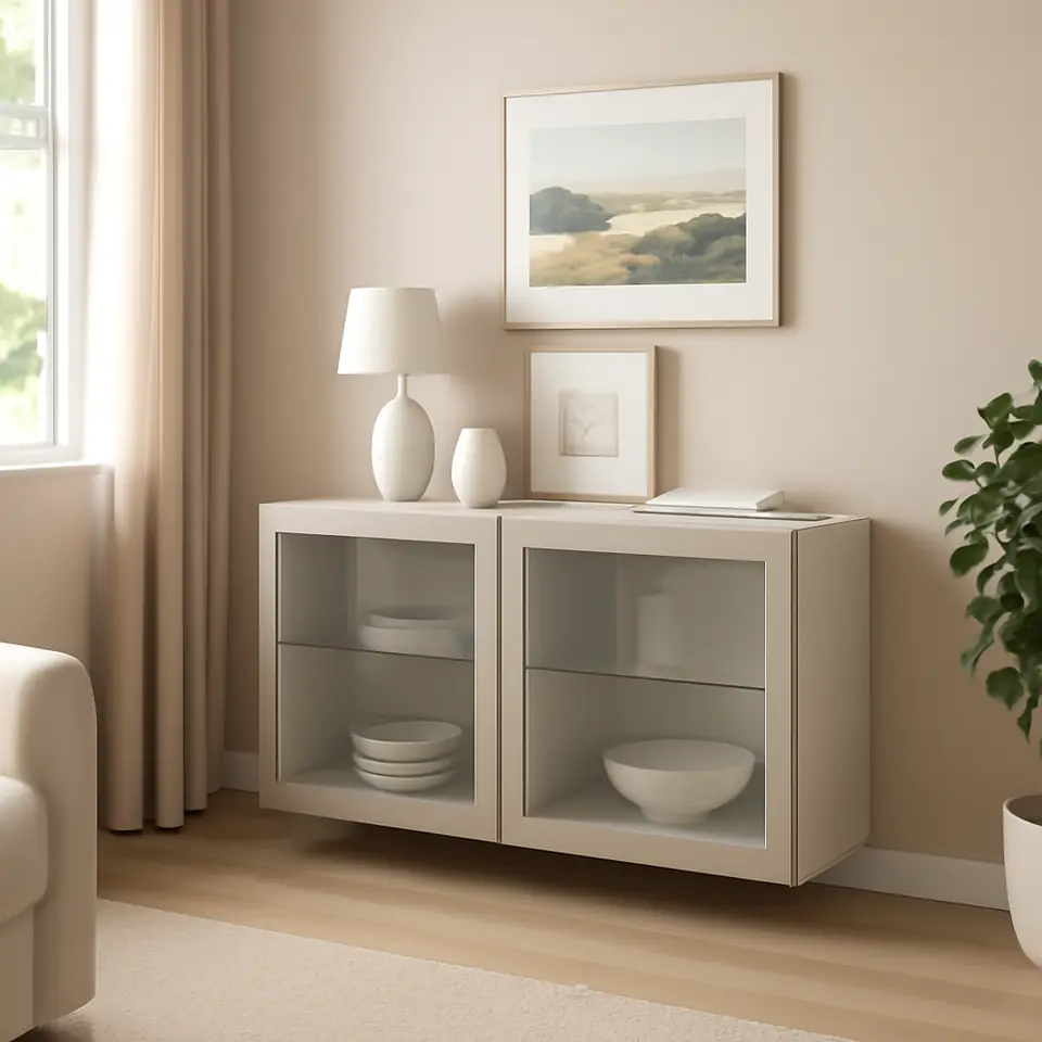 Møbelmontering BESTÅ Vægmonteret skabskombination, hvid Sindvik/lysegrå/beige klart glas, 120x42x64 cm | Fast Pris i Storkøbenhavn