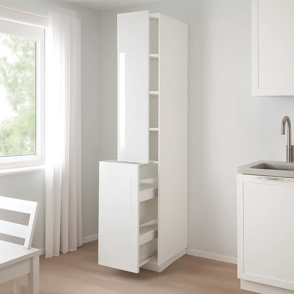 Møbelmontering METOD / MAXIMERA Højskab m udtrækfunk 3sku/1dø/2hyl, hvid/Ringhult hvid, 40x60x240 cm | Professionel Møbelmontør