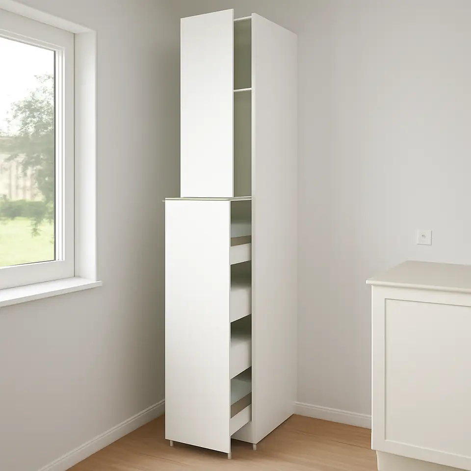 Møbelmontering METOD / MAXIMERA Højskab m udtræk 1 låge/4 skuffer, hvid/Veddinge hvid, 40x60x240 cm | Professionel Møbelmontør