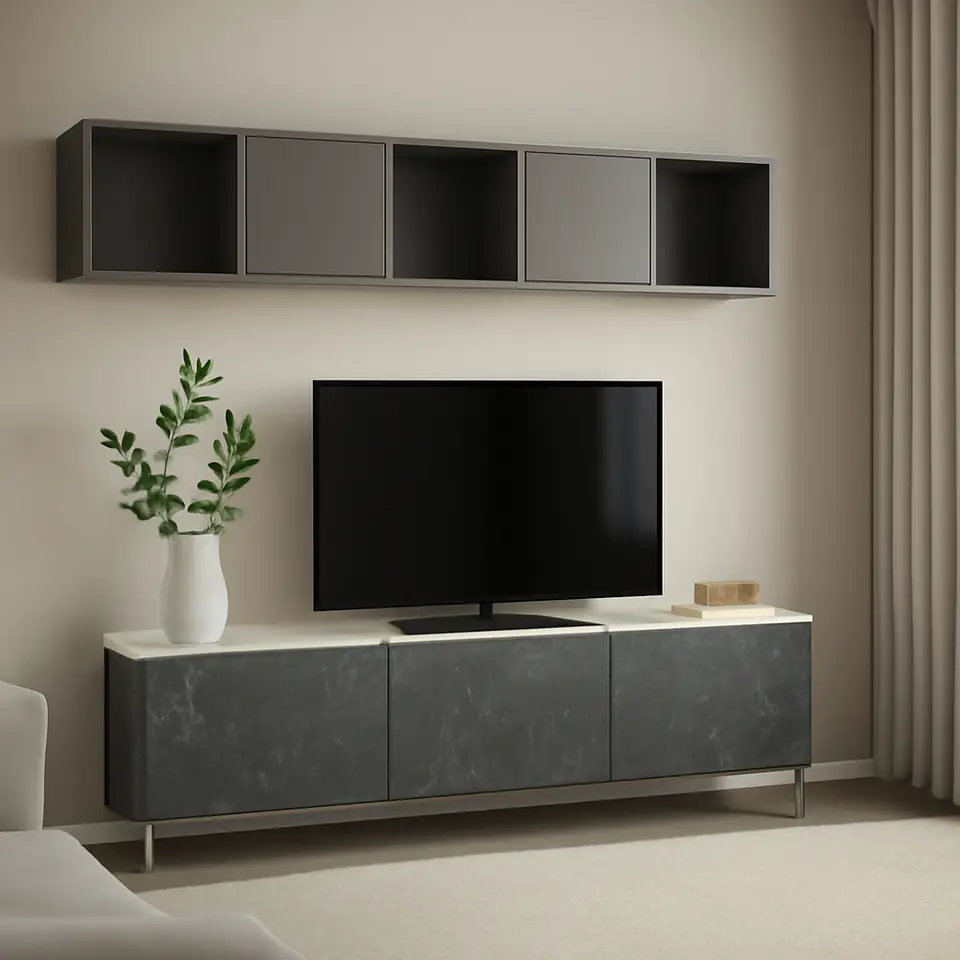 Møbelmontering BESTÅ / EKET Tv-bord, hvid/Bergsviken/Ösarp rustfrit stål, 180x42x48 cm | Billig & Hurtig i København