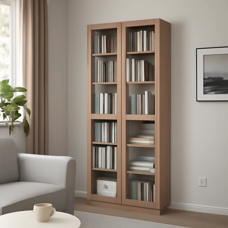 Møbelmontering BILLY / OXBERG Reol med glaslåger, egetræsmønstret, 80x30x202 cm | Professionel Møbelmontør