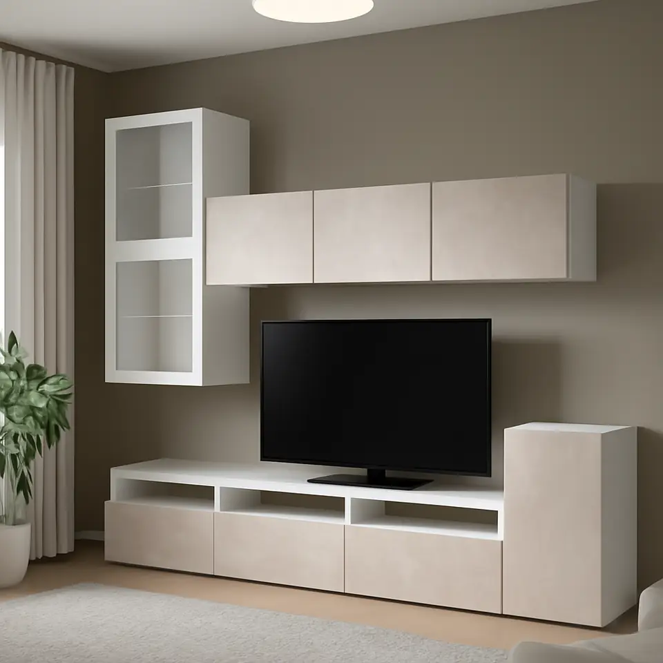 Møbelmontering BESTÅ Tv-møbel m opbevaring/vitrinelåger, hvid Glassvik/Bergsviken beige, 300x42x211 cm | Fast Pris i Storkøbenhavn