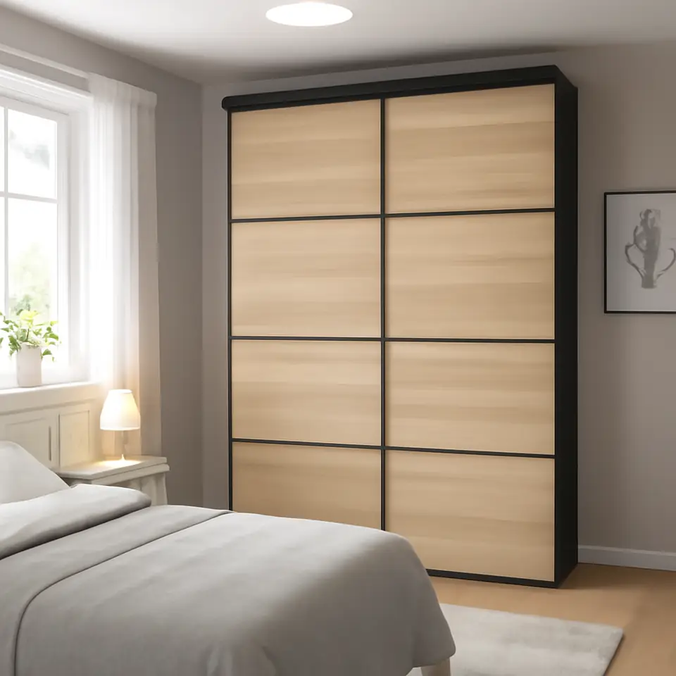 Møbelmontering SKYTTA / MEHAMN Skydedør, kombination, sort/dobbeltsidet egetræsmønster med hvid bejdse, 152×240 cm | Professionel Møbelmontør