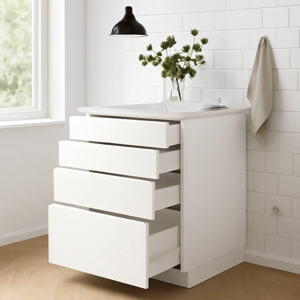 Møbelmontering METOD / MAXIMERA Uskab m udtræk arbejdsplds/3 skuf, hvid/Vallstena hvid, 60×60 cm | Professionel Møbelmontør