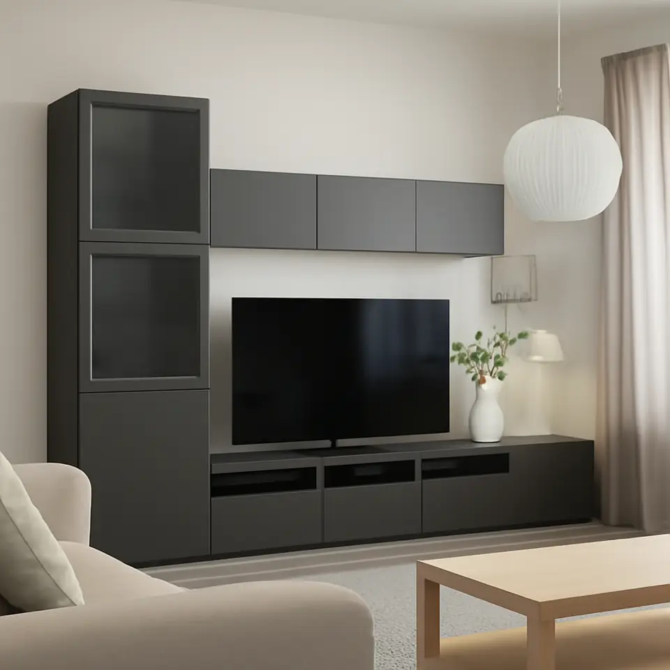 Møbelmontering BESTÅ Tv-møbel med vitrinelåger, mørkegrå Lappviken/Sindvik mørkegrå, 300x42x211 cm | Professionel Møbelmontør
