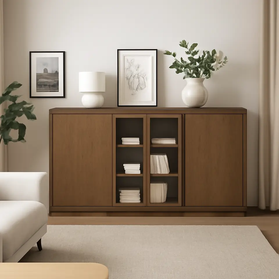 Møbelmontering TONSTAD Opbevaring med skydedøre, brun egetræsfiner med bejdse/klart glas, 245x37x120 cm | Professionel Møbelmontør