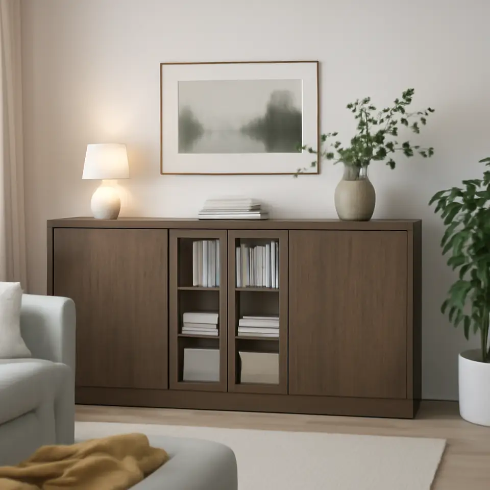 Møbelmontering TONSTAD Opbevaring med skydedøre, brun egetræsfiner med bejdse/klart glas, 245x37x120 cm | Professionel Møbelmontør