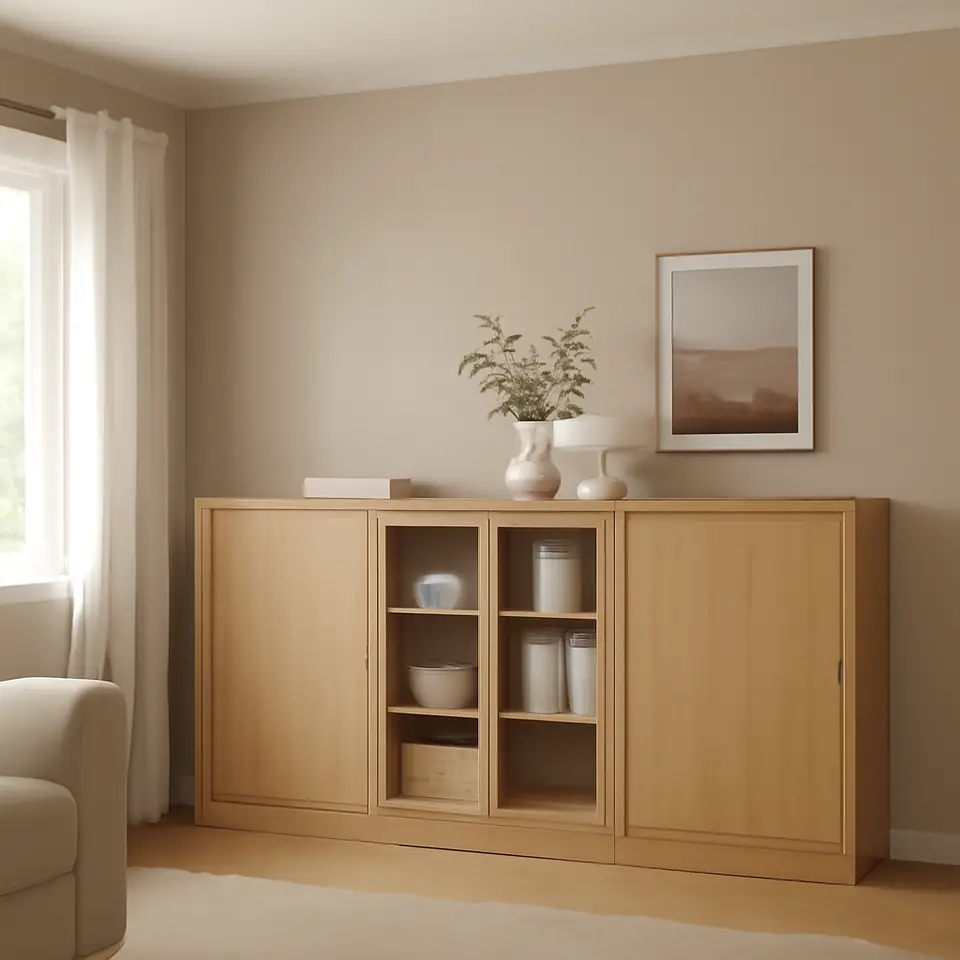 Møbelmontering TONSTAD Opbevaring med skydedøre, egetræsfiner/klart glas, 245x37x120 cm | Billig & Hurtig i København