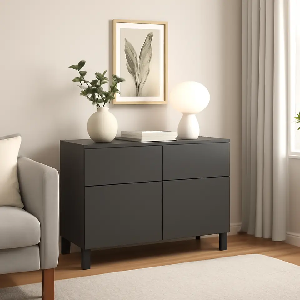 Møbelmontering BESTÅ Opbevaringskom låger/skuffer, mørkegrå/Lappviken/Stubbarp mørkegrå, 120x42x74 cm | Professionel Møbelmontør
