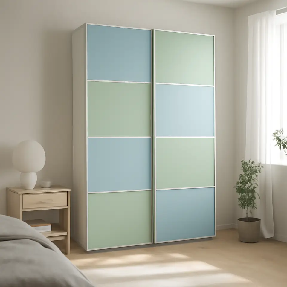 Møbelmontering MEHAMN Skydedørspar, aluminium dobbeltsidet/lyseblå lysegrøn, 150×236 cm | Billig & Hurtig i København