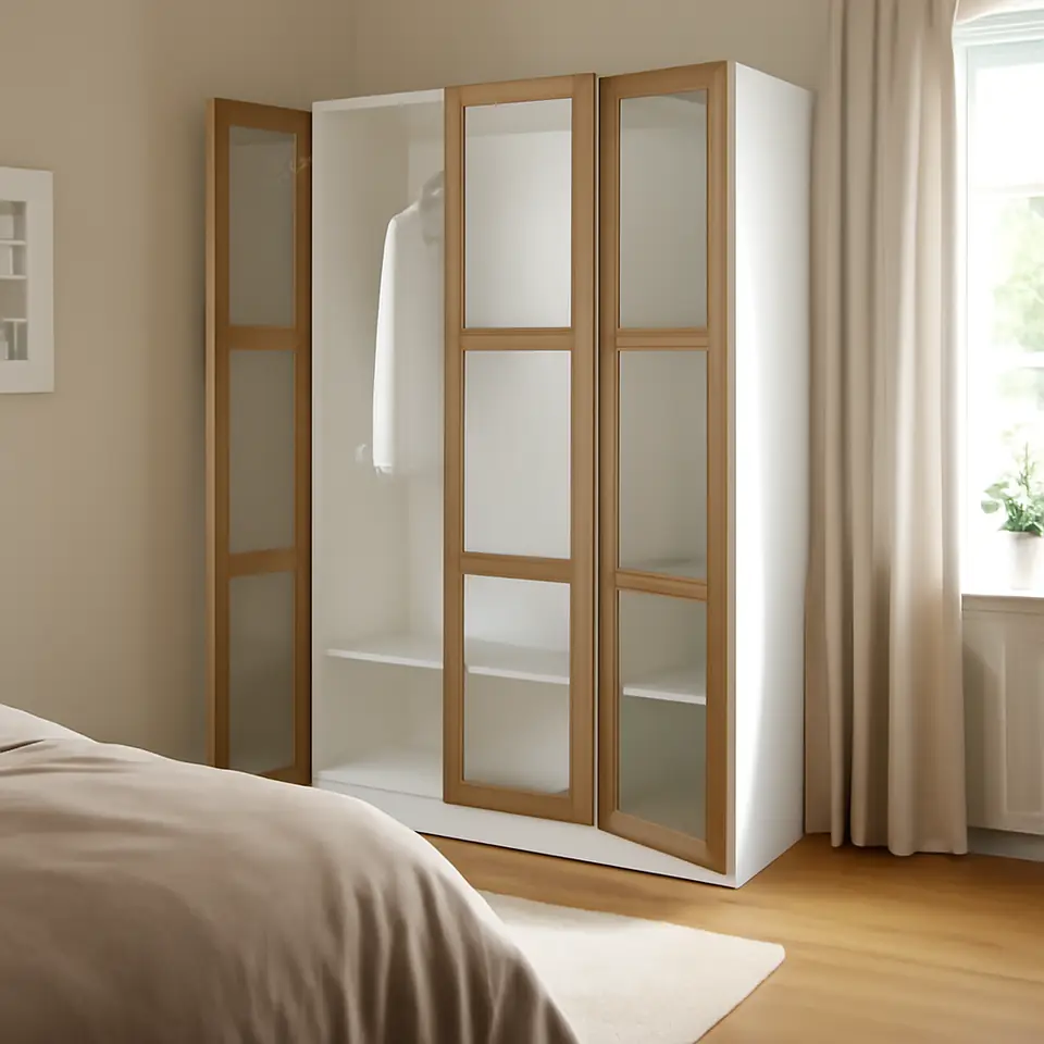 Møbelmontering PAX / TONSTAD Garderobekombination, hvid/egetræsfiner glas, 150x60x201 cm | Professionel Møbelmontør