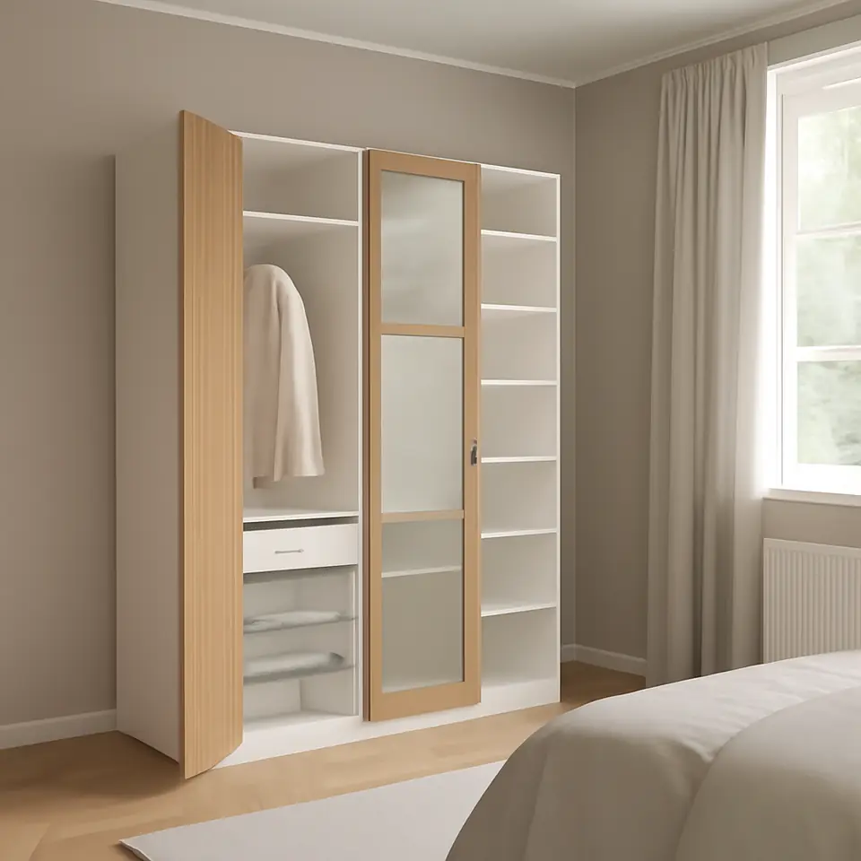 Møbelmontering PAX / TONSTAD Garderobekombination, hvid/egetræsfiner glas, 150x60x236 cm | Professionel Møbelmontør