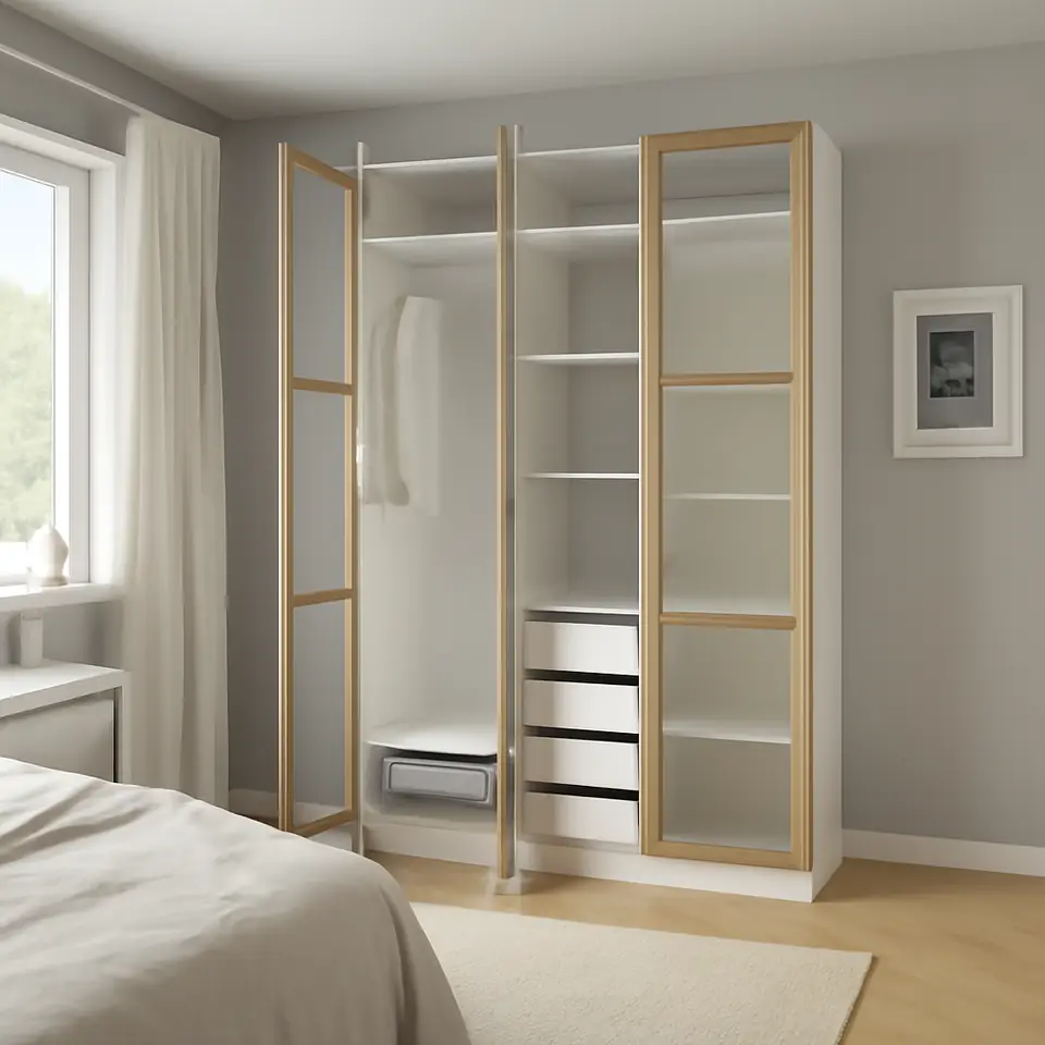 Møbelmontering PAX / TONSTAD Garderobekombination, hvid/egetræsfiner glas, 150x60x236 cm | Samling af Møbler i Rødovre & Kbh