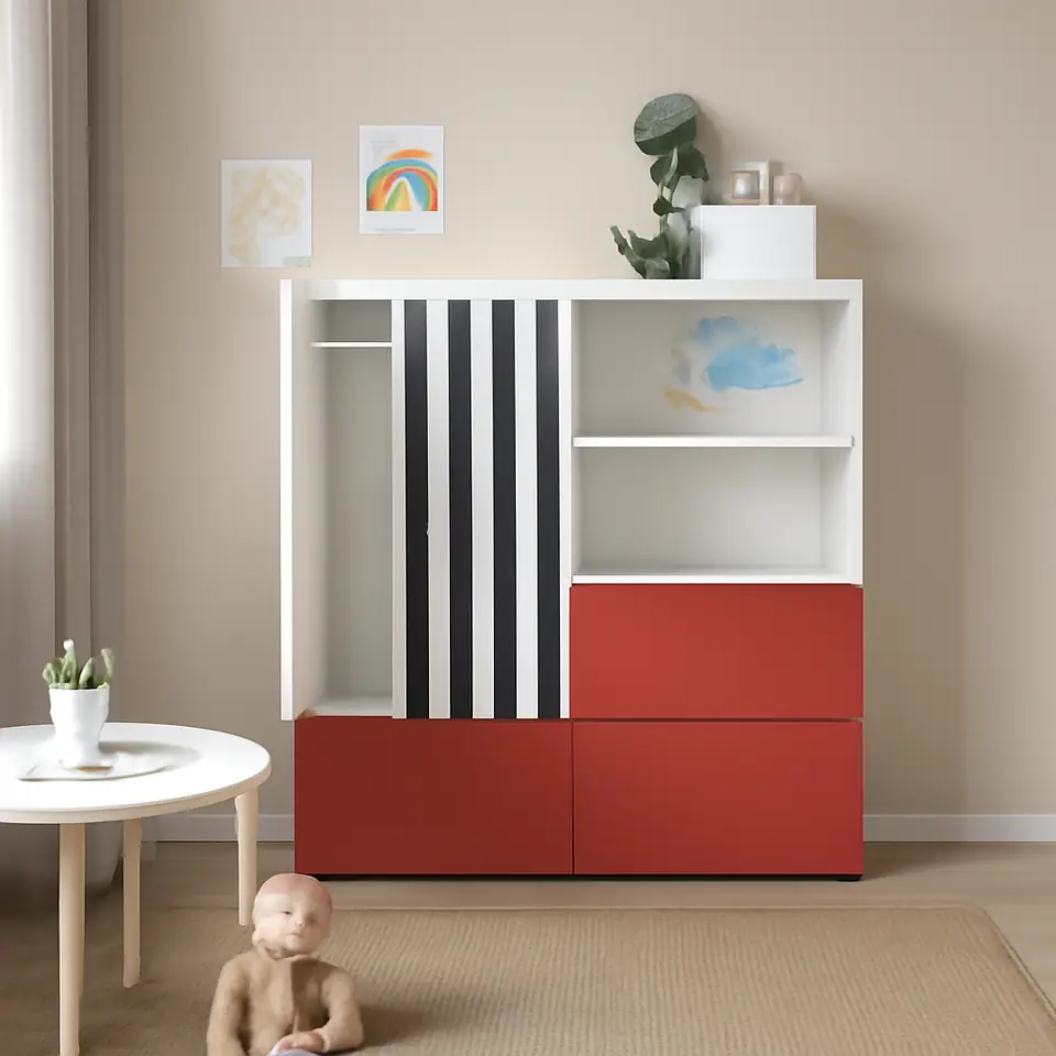 Møbelmontering SMÅSTAD / PLATSA Opbevaringskombination, hvid rød/stribet med 3 skuffer, 120x57x123 cm | Samling af Møbler i Rødovre & Kbh