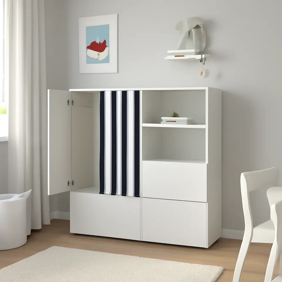 Møbelmontering SMÅSTAD / PLATSA Opbevaringskombination, hvid sort/hvid/stribet med 3 skuffer, 120x57x123 cm | Billig & Hurtig i København