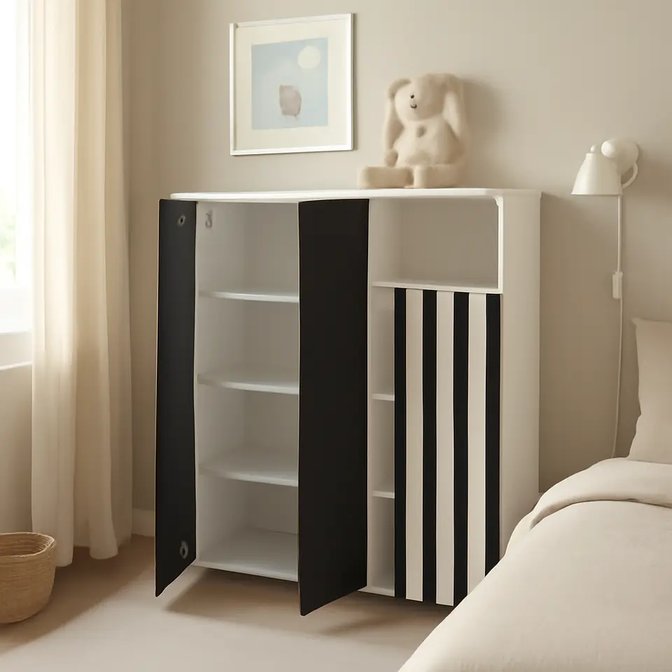 Møbelmontering SMÅSTAD / PLATSA Opbevaringskombination, hvid stribet/sort/hvid antracit, 120x42x123 cm | Få et tilbud i dag