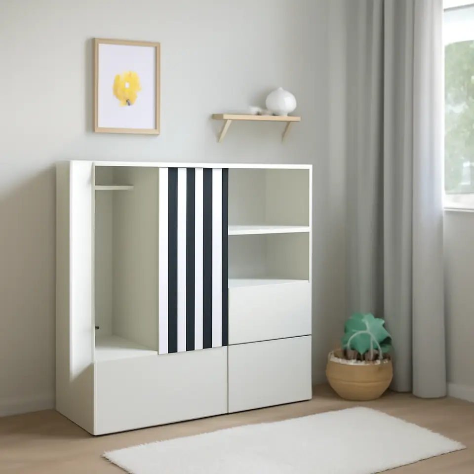 Møbelmontering SMÅSTAD / PLATSA Opbevaringskombination, hvid sort/hvid/stribet med 3 skuffer, 120x42x123 cm | Professionel Møbelmontør