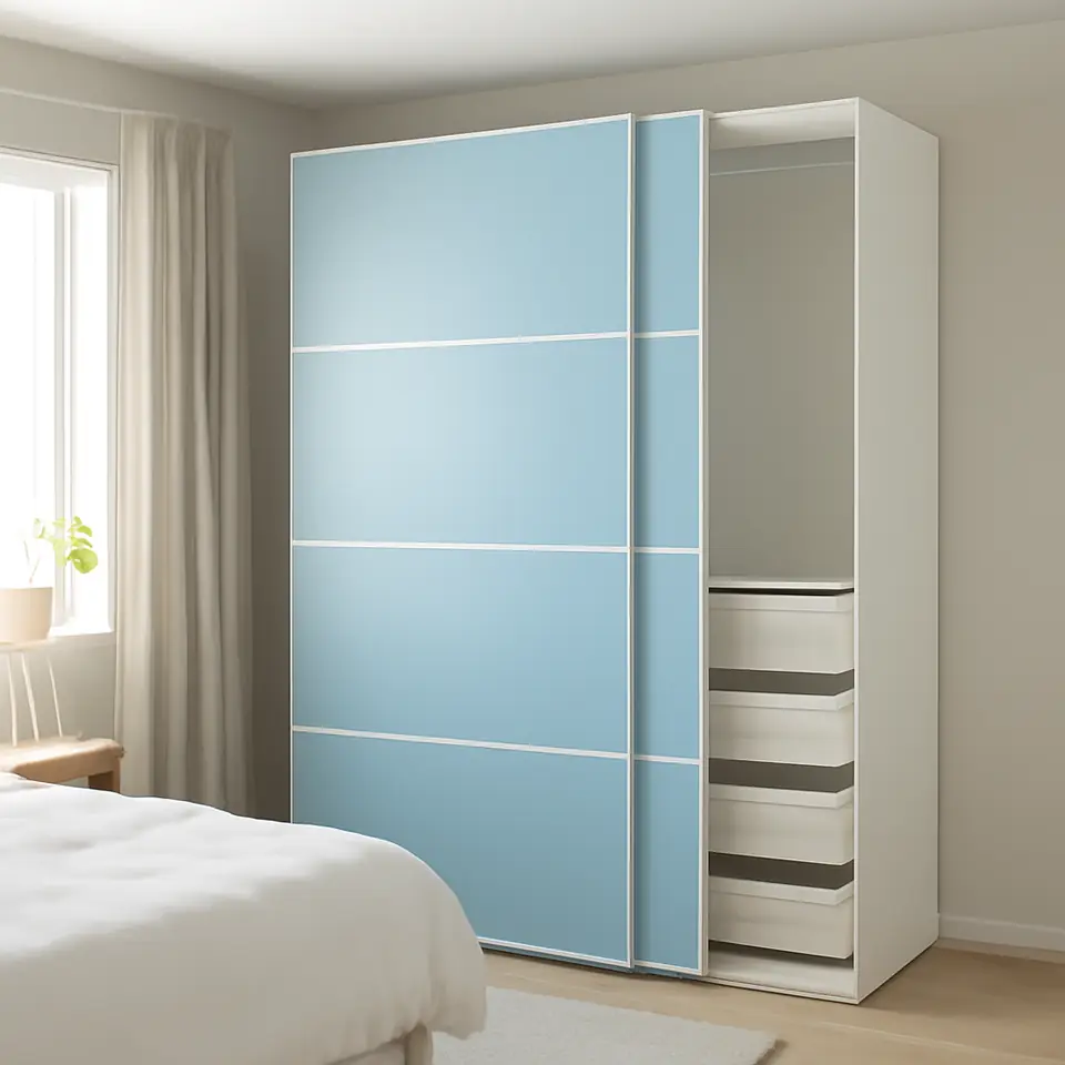 Møbelmontering PAX / MEHAMN Garderobe m skydedøre, hvid/dobbeltsidet lyseblå, 150x66x201 cm | Samling af Møbler i Rødovre & Kbh