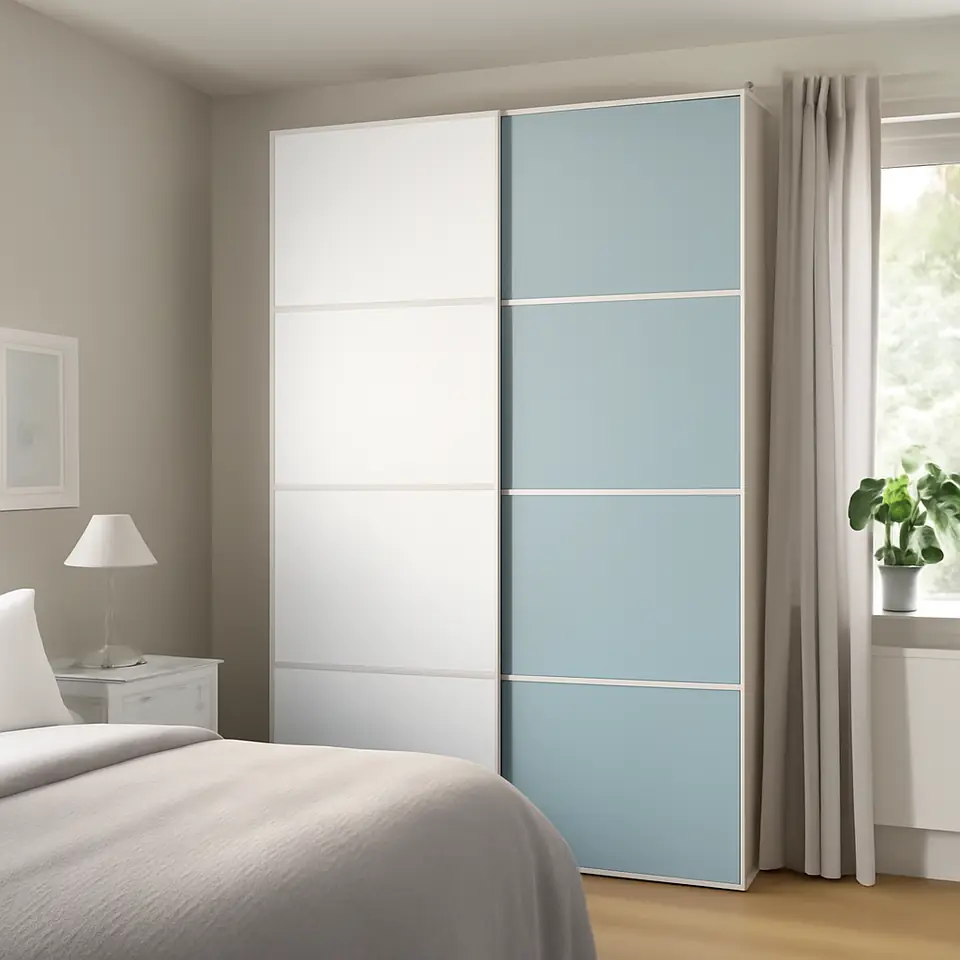 Møbelmontering MEHAMN/AULI Skydedørspar, aluminium dobbeltsidet/lyseblå spejl, 150×236 cm | Fast Pris i Storkøbenhavn