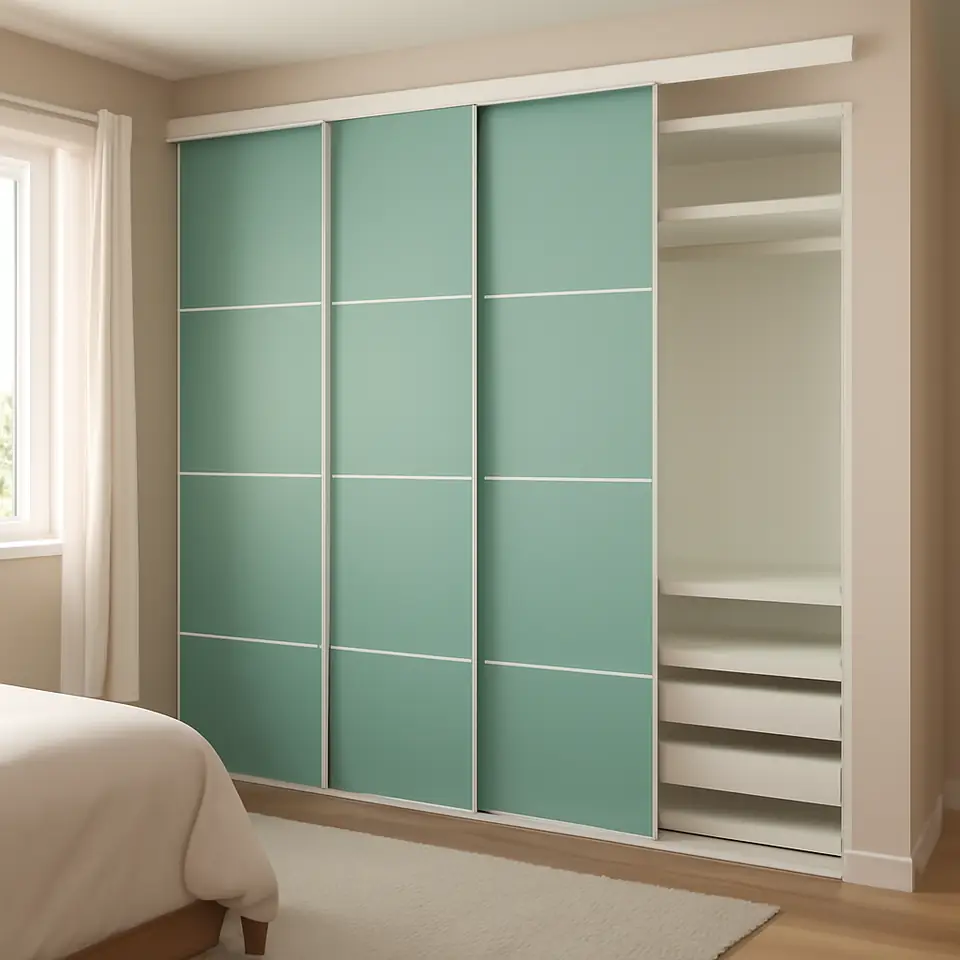 Møbelmontering SKYTTA / PAX Walk-in-closet med skydedøre, hvid dobbeltsidet/Mehamn lysegrøn, 226x160x240 cm | Billig & Hurtig i København