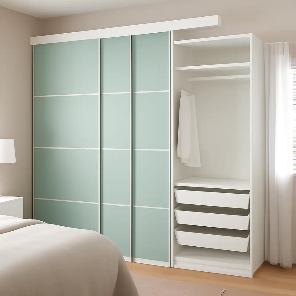 Møbelmontering SKYTTA / PAX Walk-in-closet med skydedøre, hvid dobbeltsidet/Mehamn lysegrøn, 226x160x240 cm | Få et tilbud i dag