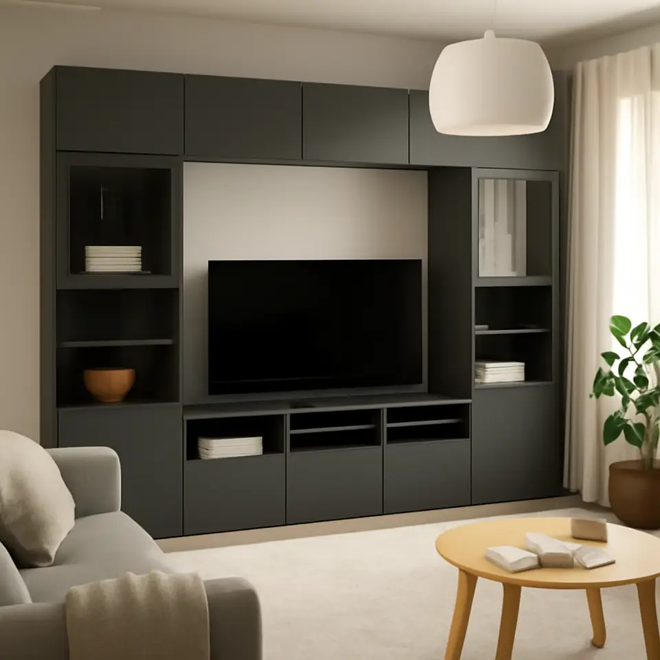 Møbelmontering BESTÅ Tv-møbel med vitrinelåger, mørkegrå Lappviken/Sindvik mørkegrå, 300x42x231 cm | Fast Pris i Storkøbenhavn