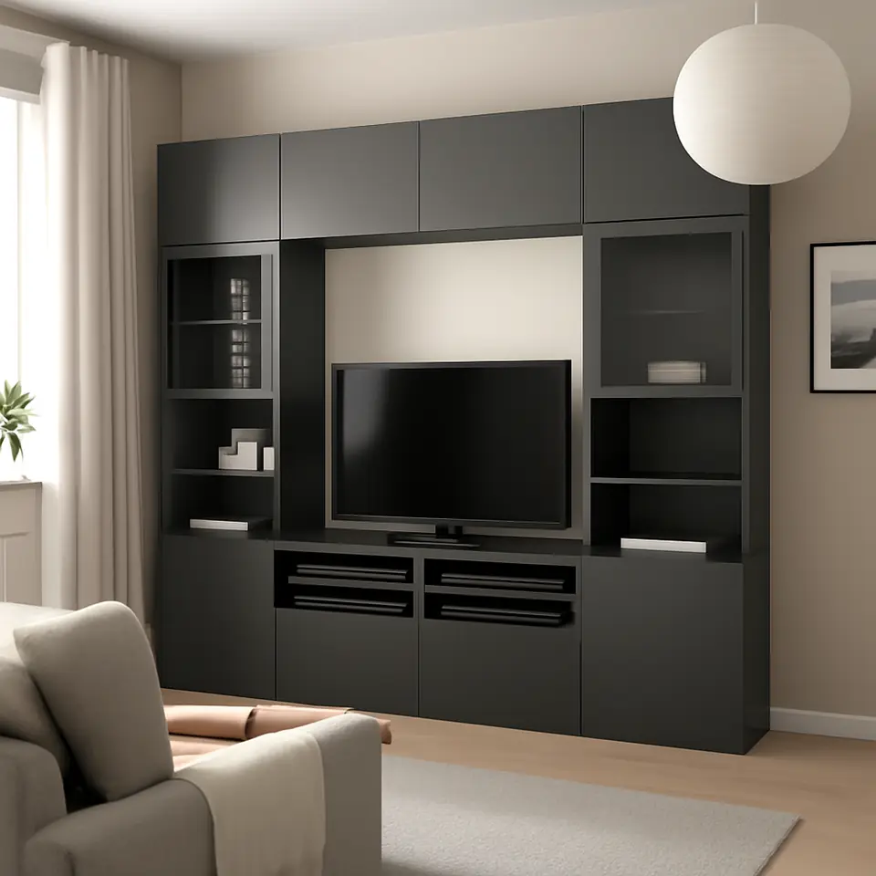Møbelmontering BESTÅ Tv-møbel med vitrinelåger, mørkegrå Lappviken/Sindvik mørkegrå, 300x42x231 cm | Samling af Møbler i Rødovre & Kbh