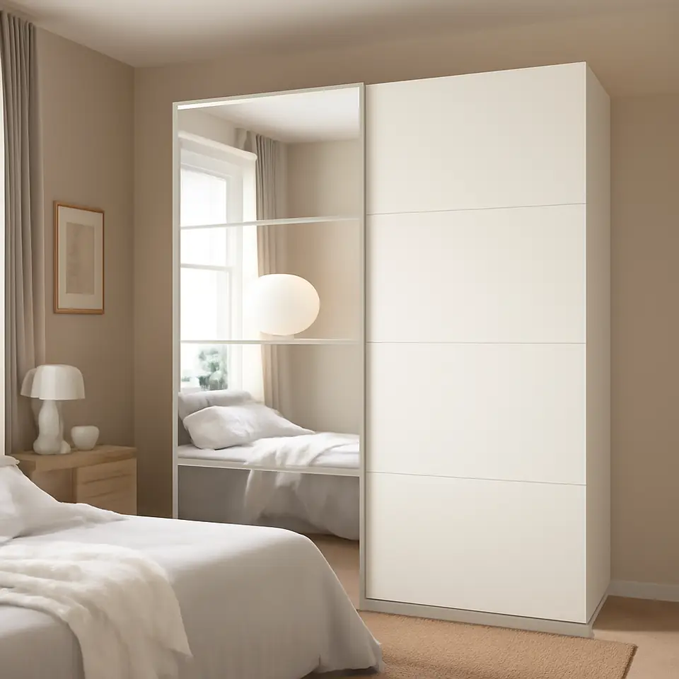 Møbelmontering AULI / MEHAMN Skydedørspar, hvid spejl/dobbeltsidet hvid, 200×201 cm | Professionel Møbelmontør