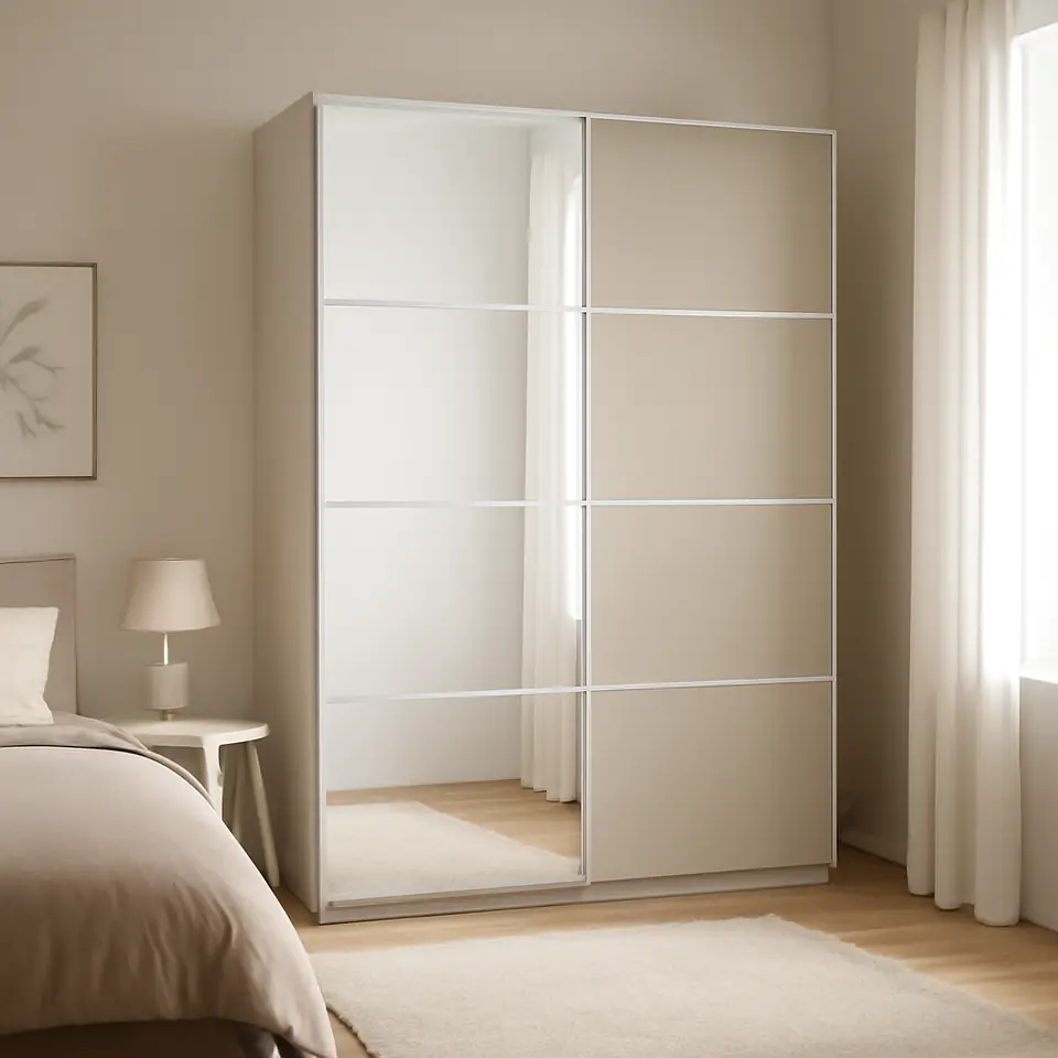 Møbelmontering AULI / MEHAMN Skydedørspar, aluminium spejl/dobbeltsidet gråbeige, 150×201 cm | Fast Pris i Storkøbenhavn