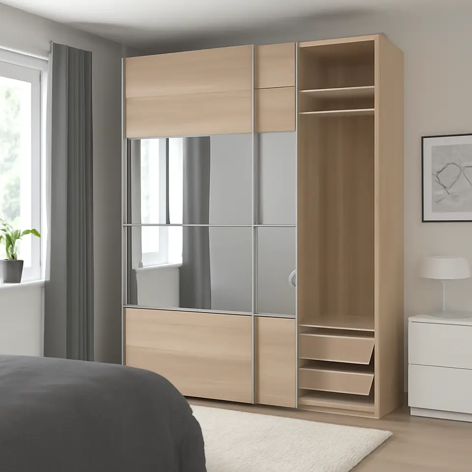 Møbelmontering PAX / MEHAMN/AULI Garderobe m skydedøre, egetræsmønster med hvid bejdse dobbeltsidet/egetræsmønster med hvid bejdse spejl, 200x66x236 cm | Samling af Møbler i Rødovre & Kbh