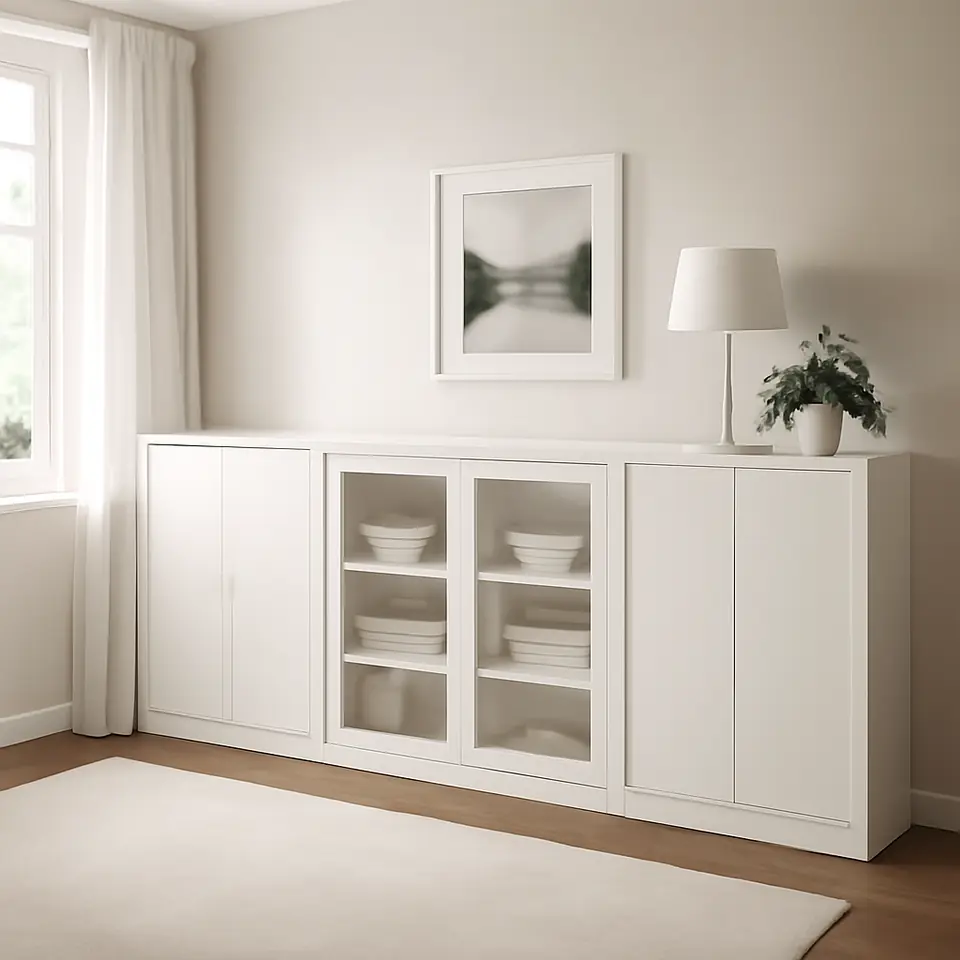 Møbelmontering TONSTAD Opbevaring med skydedøre, råhvid/klart glas, 282x37x116 cm | Fast Pris i Storkøbenhavn